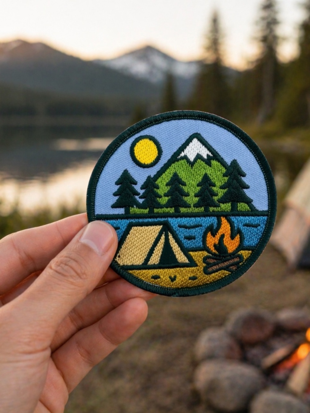 Camping Patch 3x3 Inch Tent Campfire Mountain Lake Embroidered Iron On